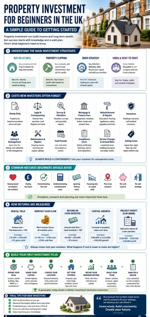 Property investment for beginners UK infographic showing strategies, costs, returns and investment planning